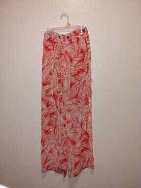Anthropologie Coral and Cream Palm-Print Pants